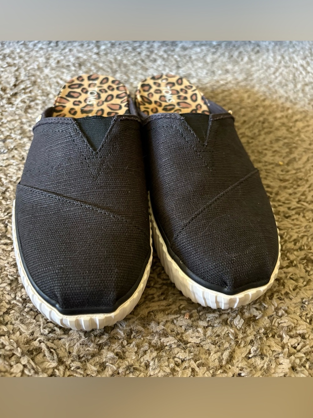 TOMS Black Slip-On Mules with Leopard Print Lining